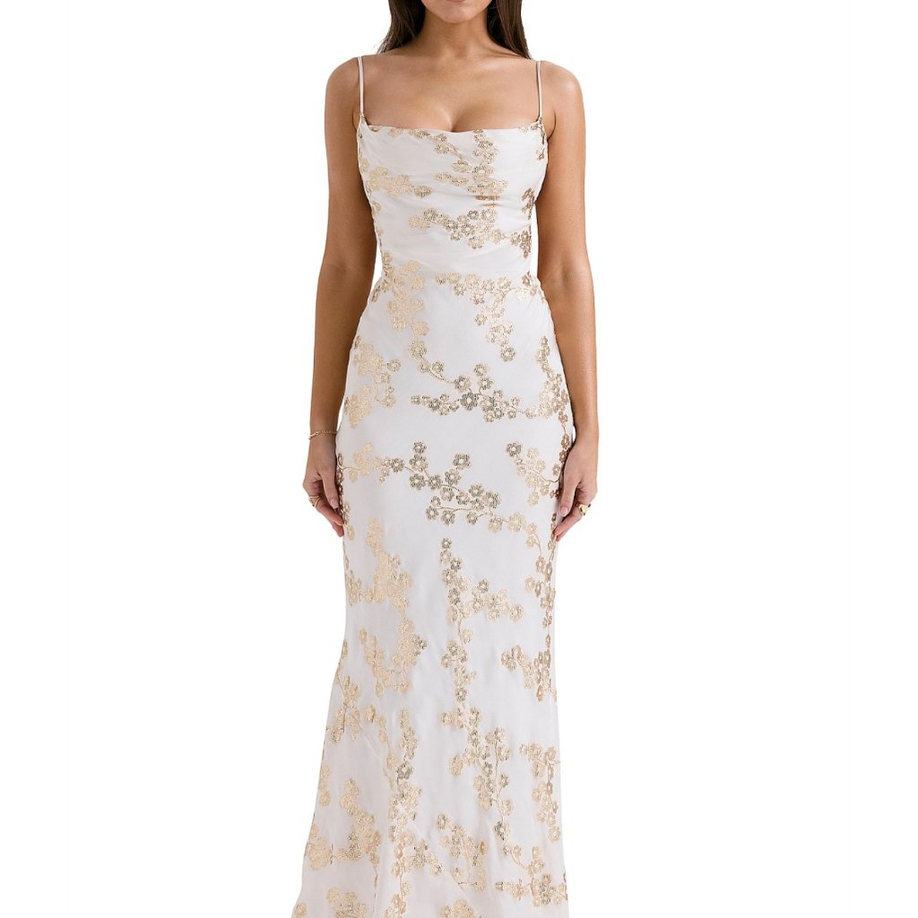 House Of Cb White & Gold Floral Sequin Maxi Dress
